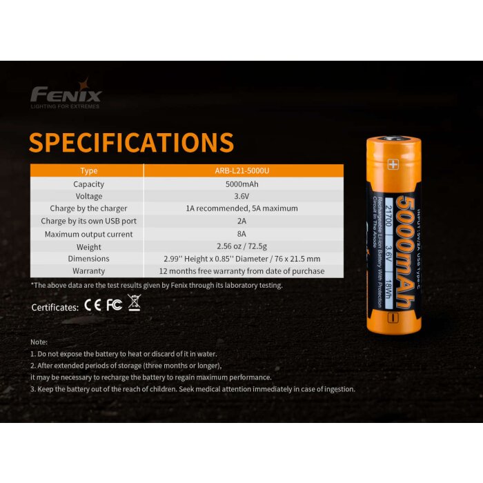 Fenix ARB-L21-5000U 21700 Li-Ion USB-Akku 5000mAh